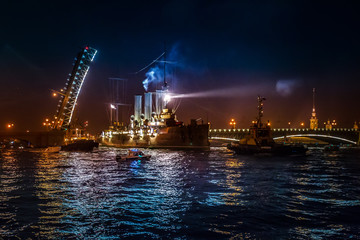 Cruiser Aurora. Trinity Bridge. Divorced bridges. St. Petersburg.