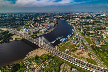 A view of the city from the air. Neva River. St. Petersburg. Cable-stayed bridge.