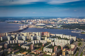 Fototapeta na wymiar City with a helicopter. Center of St. Petersburg. City from the top. SPb.