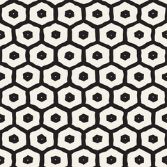Seamless black and white pattern with hexagon lattice. Creative monochrome hand drawn honeycomb background.