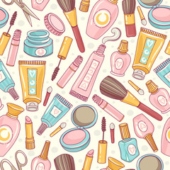 Makeup cosmetics tools and beauty cosmetics. Seamless background. Freehand drawing