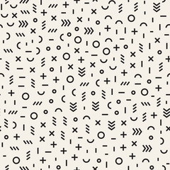Fototapeta na wymiar Retro geometric line shapes seamless patterns. Abstract jumble textures. Black and white scattered shapes