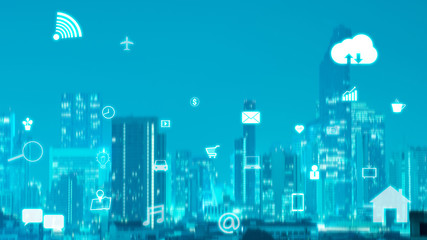 internet of things technology over night modern city background