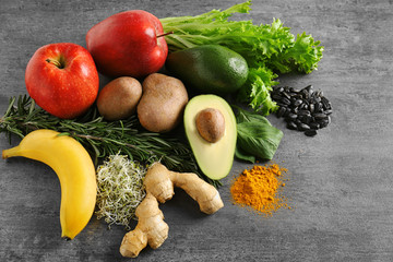 Set of healthy products on grunge background