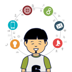 young man avatar character with social media icons vector illustration design