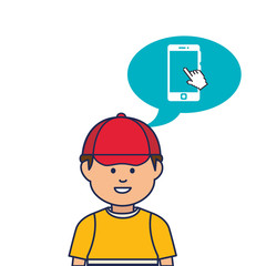 young man avatar character with speech bubble vector illustration design
