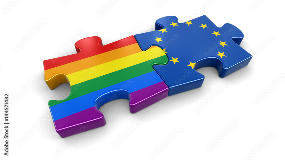 Poster european union and lgbt puzzle from flags. image with clipping path