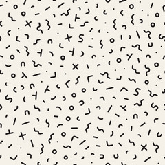 Scattered Geometric Shapes. Inspired by Memphis Style. Abstract Background Design. Vector Seamless Black and White Irregular Pattern.