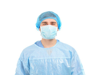 Handsome young doctor on white background