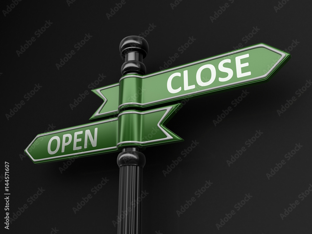 Poster open and close pointers on signpost. image with clipping path