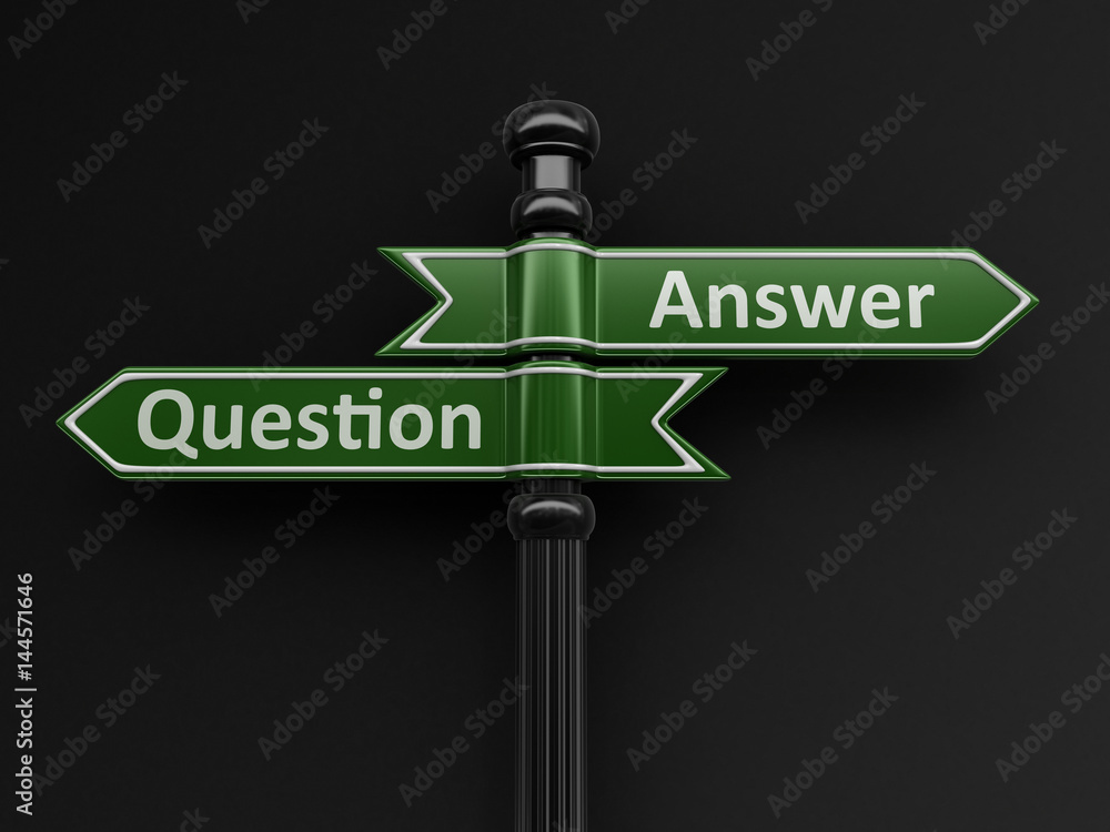 Poster question and answer pointers on signpost. image with clipping path