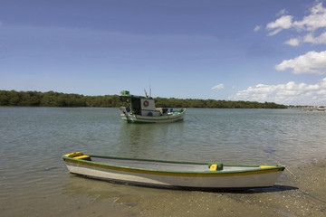Fototapeta premium Guamaré, RN, Brazil (Fishing boats - sunset and sunshine)