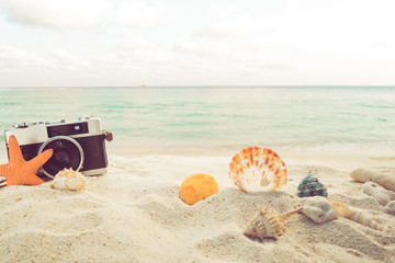 Obraz premium The concept of leisure travel in the summer on a tropical beach seaside. retro camera on the sandbar with starfish, shells, coral on sandbar and blur sea background. vintage color tone styles.