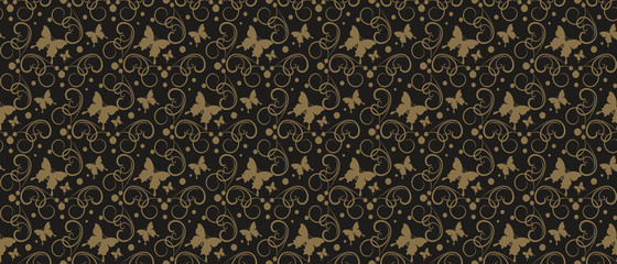 Decorative black background with butterflies, seamless pattern. Repeating texture, vector image