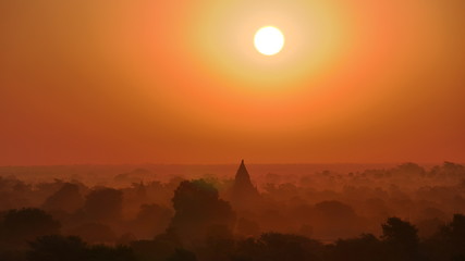 Sole pagoda temple in wide landscape during sunset at bagan myanmar