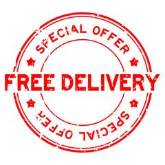 Grunge red special offer free delivery round rubber seal stamp on white background