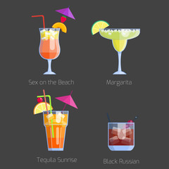 Set of alcoholic cocktails isolated fruit cold drinks tropical cosmopolitan freshness collection and party alcohol sweet tequila vector illustration.