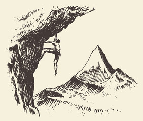 Fototapeta na wymiar Alpinist mountain peak drawn vector sketch