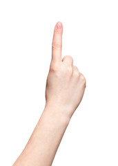 Female hands with woman's professional natursl pink nails manicure on white