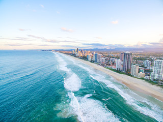 An aerial view of Surfers Paradise looking towards Broadbeach on the Gold Coast in Australia