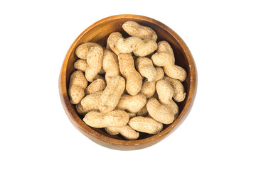 Dried peanuts in wooden bowl isolated on white background , top view.