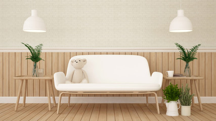 teddy bear on sofa in living room or coffee shop - 3D Rendering