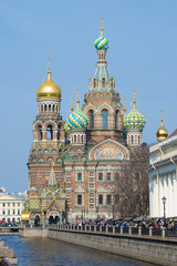 Fototapeta na wymiar Cathedral of Resurrection (Savior on blood) closeup of a Sunny April day. Saint-Petersburg