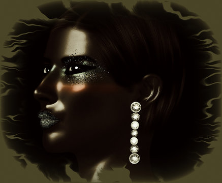Black and white face close up with fashion makeup, long eyelashes, body paint. This 3d render illustration is great for themes of beauty, makeup, diversity, duality, art