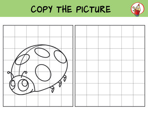 Fototapeta premium Funny little ladybug. Copy the picture. Coloring book. Educational game for children. Cartoon vector illustration