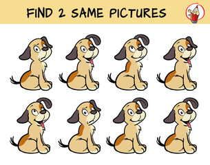 Set of puppies. Find two same pictures. Educational game for children. Cartoon vector illustration