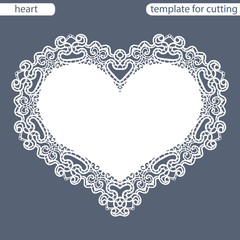 Greeting card with openwork border, paper doily under the cake, template for cutting in the form of heart, valentine card,  wedding invitation, decorative plate is laser cut,  vector illustrations.