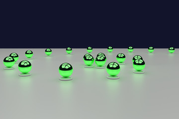 3D-Rendering von grünen, glänzenden Kugeln auf einer weißen Ebene