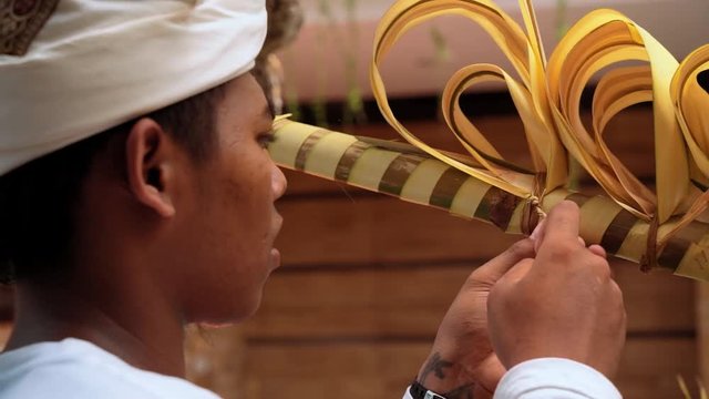 Balinese man in traditional costume decorating a penjor with coconut palm leaf ribbons on Galungan Day (Bali holiday ceremony), tying knot. Close up shot with Sony a7s on tripod on sunny day