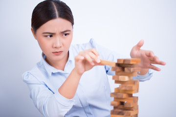 Woman be careful to build a tower puzzle