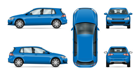 Car vector template on white background. Hatchback isolated. All layers and groups well organized for easy editing and recolor. View from side, front, back, top. - obrazy, fototapety, plakaty