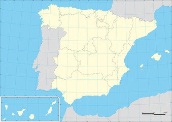 Vector map of Spain and autonomous communities wtih graticule