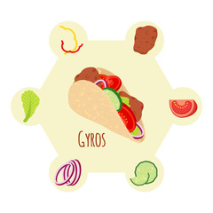 Gyros ingredients, meat, cucumber, tomato, salad, onion, pepper. Flat style.