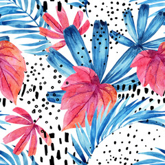 Watercolor tropical leaves seamless pattern.