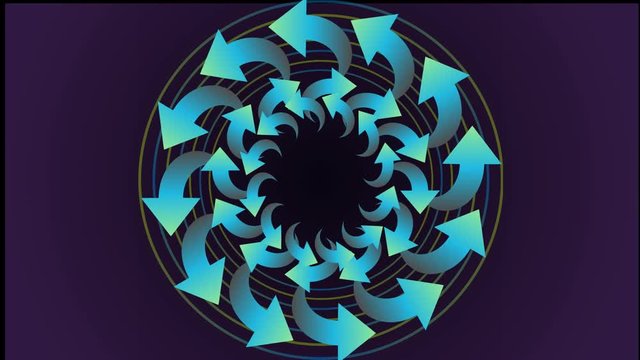 Animated circle shape composed from tree dimensional arrows, rotating, green colour on color changing shake background, logotype shape, intro video