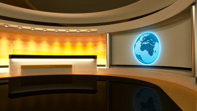 Tv Studio. News studio. Yellow studio. The perfect backdrop for any green screen or chroma key video or photo production. 3D rendering