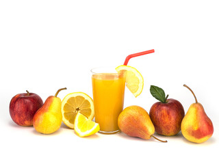 fruit and fresh juice isolated on white background. 