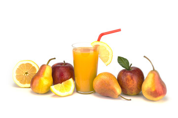 fruit and fresh juice isolated on white background. 