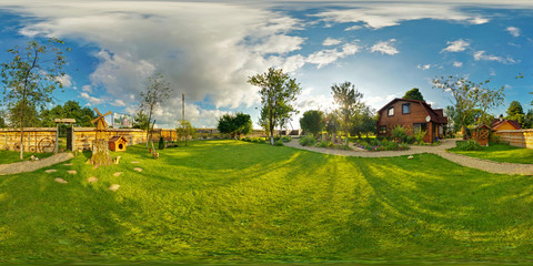 panorama outside vacation wooden village home in sunny evening day . Full 360 degree seamless...