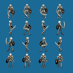 Skeleton walk animation cycle sprites, four directions, retro game pixel art style - 144585898