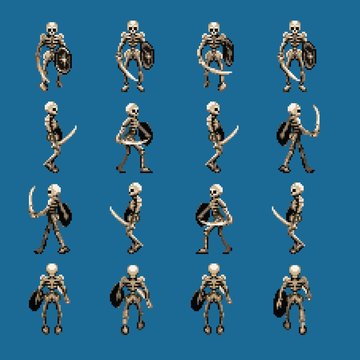 Skeleton walk animation cycle sprites, four directions, retro game pixel  art style Stock Vector | Adobe Stock