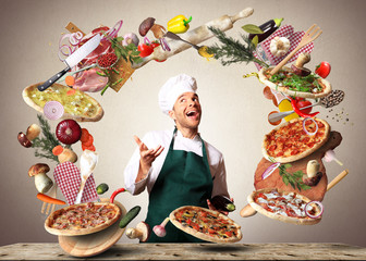 Pizza with different tastes with vegetables, cooking
