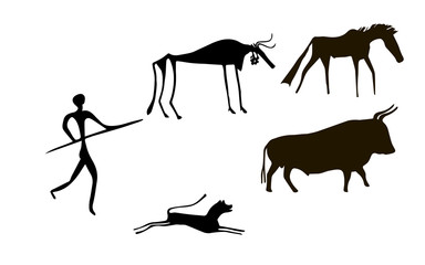 Primitive image of animals and man like images on walls of caves