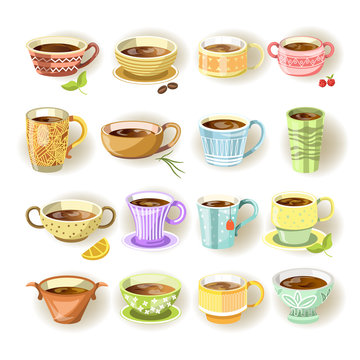 Cups with various colorful print set on white