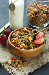 Homemade granola with milk for breakfast top view
