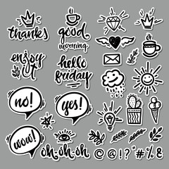Vector hand drawn set of characters, phrases, objects. Modern calligraphy for blogging, for design postcards, poster.